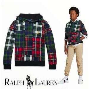 Polo Ralph Lauren Boys Patchwork Plaid Fleece Hoodie Red Green Blue Size S 8
New